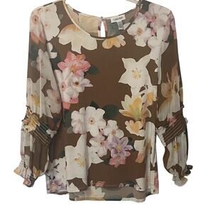 CALVIN KLEIN LONG BALLOON SLV RND NECK HI-LOW BLOUSE, WOMENS-XL-BROWN WHITE PINK